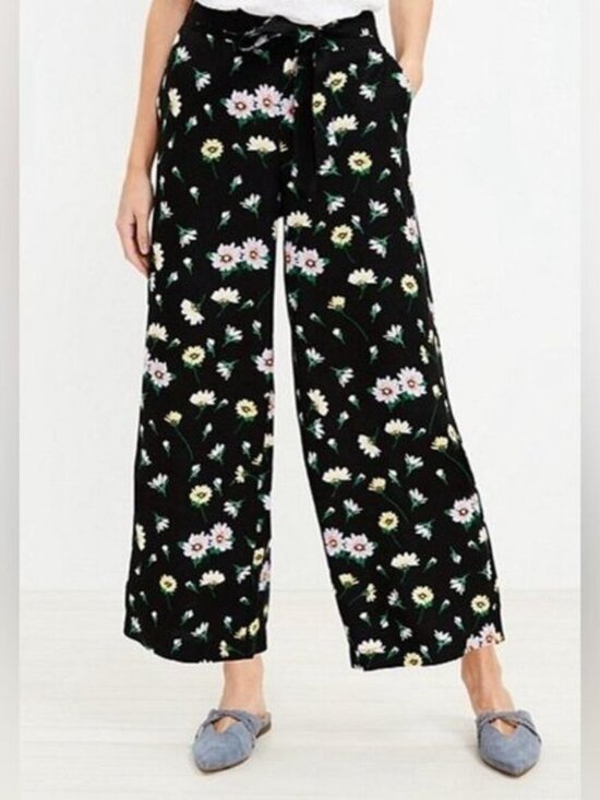 LOFT Pants - LOFT Florence Tie Waist Fluid Wide Leg Linen Crop Pants Garden Black Women M